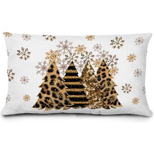 Golden Leopard Christmas Tree Santa Pillow Covers 12x20, Coquette Christmas Room Decor, Preppy Cheetah Print Bow Xmas Lumbar Throw Pillow Covers for Girls Room Dorm Apartment
