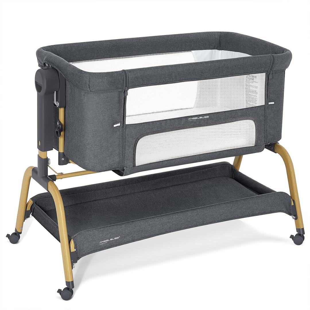 ANGELBLISS 3 in 1 Baby Bassinet, Rocking Bassinets Bedside Sleeper with Comfy Mattress and Wheels, 6 Height Adjustable Easy Folding Portable Bedside Crib for Newborn Infant (Dark Grey)