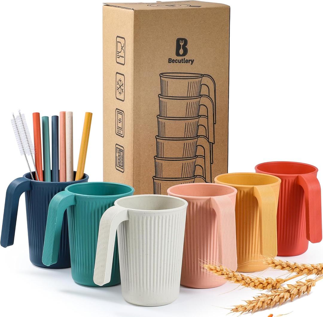Wheat Straw Coffee Mugs 6-Pack Unbreakable & Lightweight Cups, 12oz Stackable Cups with 6 Detachable Straws & 2 Cleaning Brushes (Colorful, 12, Fluid Ounces)