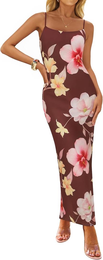 ZESICA Womens Summer Bodycon Maxi Dresses 2026 Floral Spaghetti Strap Square Neck Sleeveless Boho Beach Long Dresses (Small, Brown)