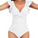 B2prity Women's One Piece Swimsuit Ruffle Slimming Tummy Control Bathing Suit Criss Cross High Waist 1 Piece Swimwear (Large, White)
