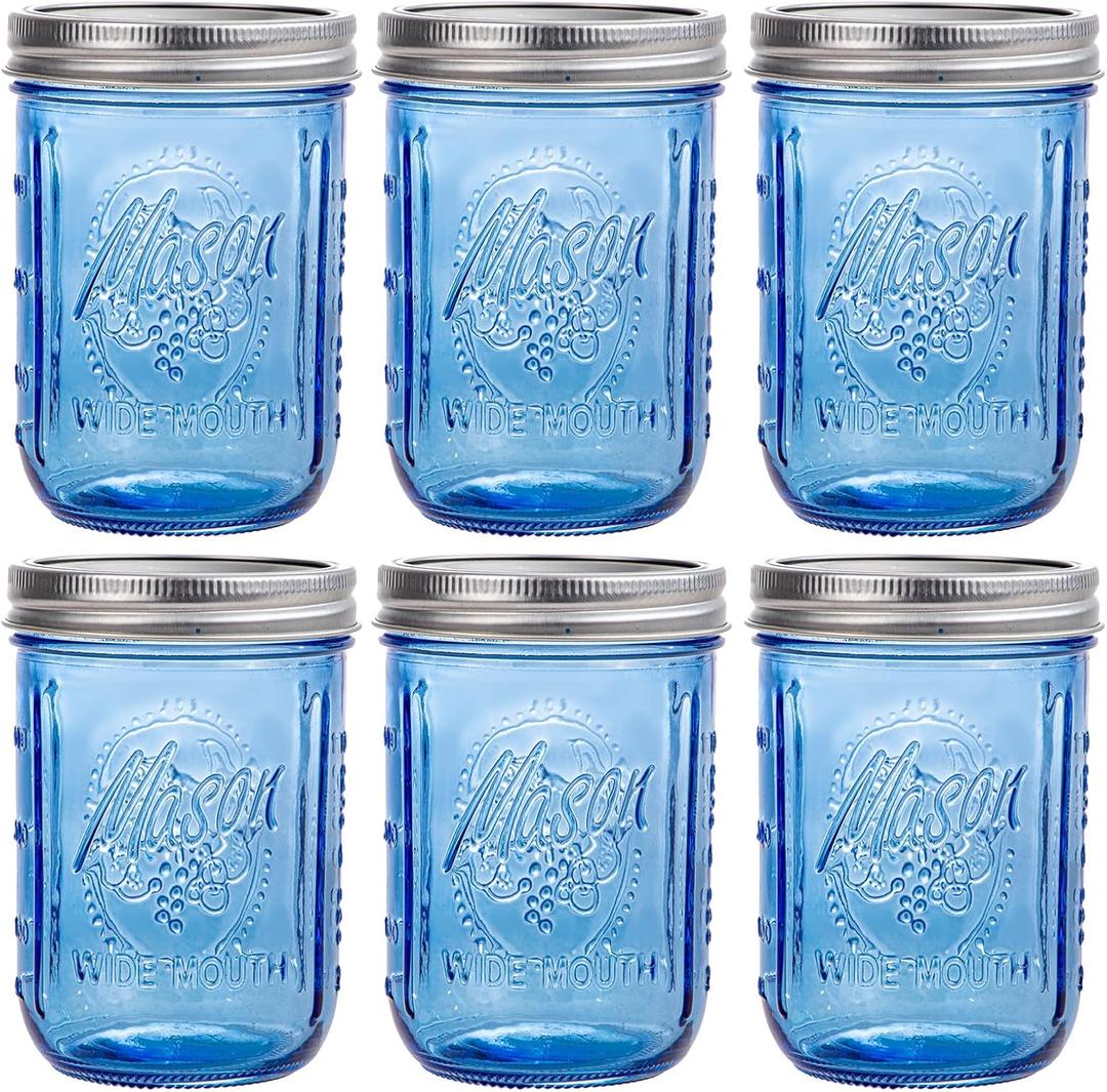 WELLIFE 6-Pack Mason Jars 16 oz with Lids  Blue Wide Mouth Glass Mason Jars, Airtight Leak-Proof Canning Jars for Food Storage, Fermenting, Pickling, Freezing, and Crafts