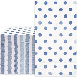 Whaline Polka Dots Guest Paper Napkins White Blue 3 Ply Disposable Napkins Dinner Hand Napkin Towel for Wedding Party Supplies Table Decor, 80Pcs