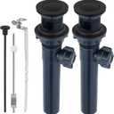 2PCS Bathroom Sink Drain with Lift Rod, Pop Up Sink Drain with Overflow, Universal Fit, Matte Black Drain Stopper for Vessel Sink, Assembly for Bathroom Faucet Sink