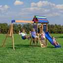 Backyard Discovery Bay Pointe Cedar Wood Swing Set with Wave Slide, Play Deck, Rock Wall Ladder, Belt Swings, Chalkboard, Canopy Roof, Outdoor Playset (Blue)