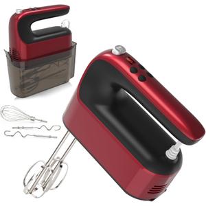 9-Speed Digital Hand Mixer Electric, 400W Powerful DC Motor, Hand Mixer Electric Handheld with Snap-On Storage Case, 5 Stainless Steel Accessories, Beaters, Dough Hooks, Whisk(Red)