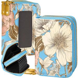 Credit Card Holder for Women - RFID Women Wallet Leather Card Wallet for Ladies Girls Female Aesthetic Cute Wallet with Card Slots Coin Cash Zipper Purse & ID Window, White Peony