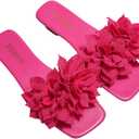 BEAUDRM Women's 3D Floral Flat Sandals Dressy Square Open Toe Sandals Single Band Casual Slip on Slides Hot Pink 9.5