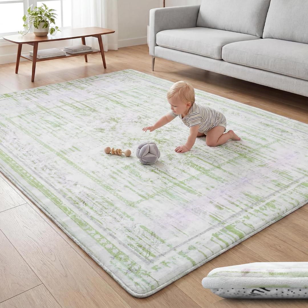 Baby Play Mat for Floor - 79x118 Inches 1.3" Thick Elasti-Foam Playpen Mat for Toddlers Infant Kids, Water-Repellent Nursery Rug, Non-Slip Backing Safe for Crawling & Tummy Time, Elara-Sage/Blush