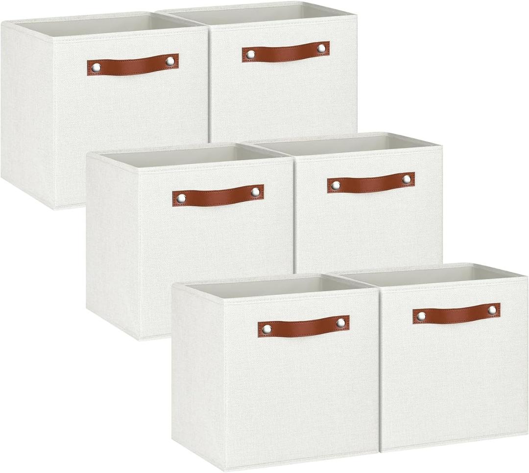 13x13 Storage Cubes - 6 Pack - Linen Fabric 13 Inch Cube Storage Bins for Bedroom, Living Room, Clothes and Toys; Foldable, Dual Leather Handles (Off-White)