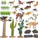 Lohoee 34Pcs Desert Animal Figurines Set Breadfruit Cactus Model Trees Kit with Camel Fox Lizard Snake Rock Reptiles Playset Toys for Cake Toppers School Projects or Birthday Gift