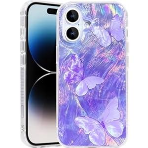 Casegis Compatible with iPhone 16 Plus Case, with [Shockproof Protective][Camera Protection] Cute Butterfly Aesthetic Phone Cover Anti-Yellowing Soft Slim Cover for Women Girl-Purple