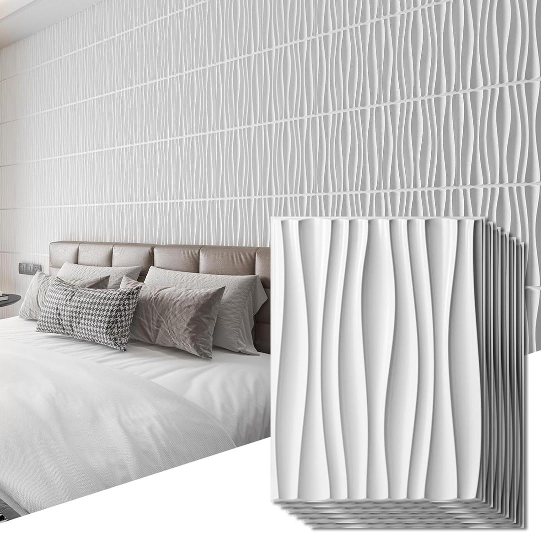 Art3d 24-Pack 3D Wall Panels for Interior Wall Dcor, PVC Wavy Textured Accent Wall Paneling for Living Room Bedroom TV Backdrop Office, 15.7 x 11.8 Inch - White