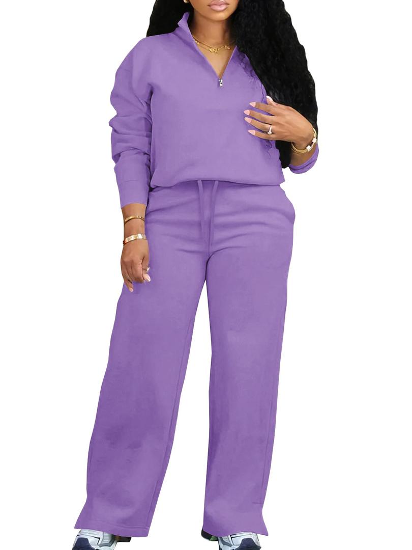 MOEENCN Women 2 Piece Outfits Sweatsuit Oversized Half Zip Sweatshirt Wide Leg Sweatpant Casual Lounge Matching Set Tracksuit Purple XXL