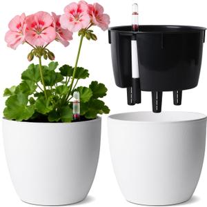 T4U Self Watering Pots for Indoor Plants, 7 Inch Self Watering Planters with Water Level Indicator, Bottom Watering African Violet Pots for Beginners & Busy Plant Owners, BPA-Free (2 Pack, White)
