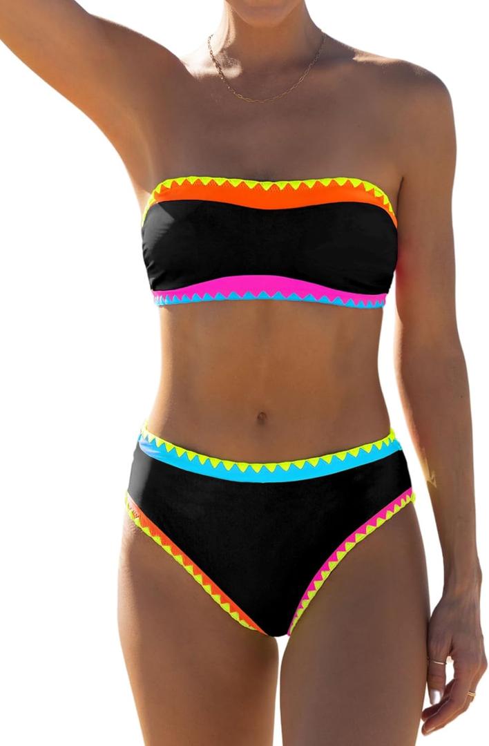 popvil Women's Strapless Bikini Sets Neon Color Block Bandeau Swimsuits Two Piece Bathing Suits for Beach Vacation 2025 (X-Large, Black1)