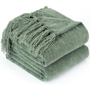 Chenille Throw Blanket for Couch with Tassels,50"X60" Soft Cozy Lightweight Knitted Boho Decorative Blankets for Bed and Sofa,Light Green