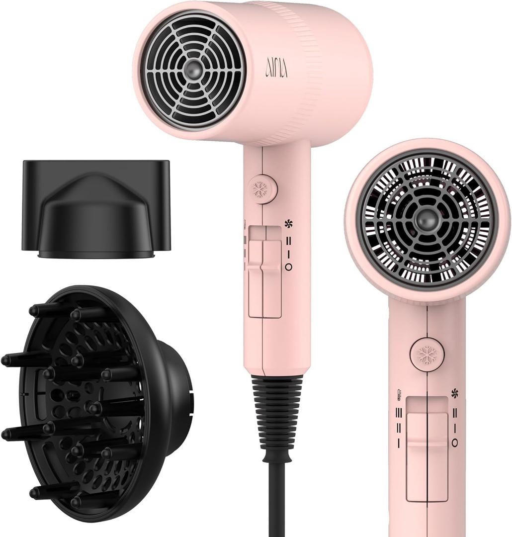 AINA Hair Dryer with Diffuser, Blow Dryer for Women | Advanced Ionic Technology, Ceramic Coating | Cold Shot Features Turbo Heat for Fast Drying and Shine 110V/ALCI (Babe Pink) (3 Piece)