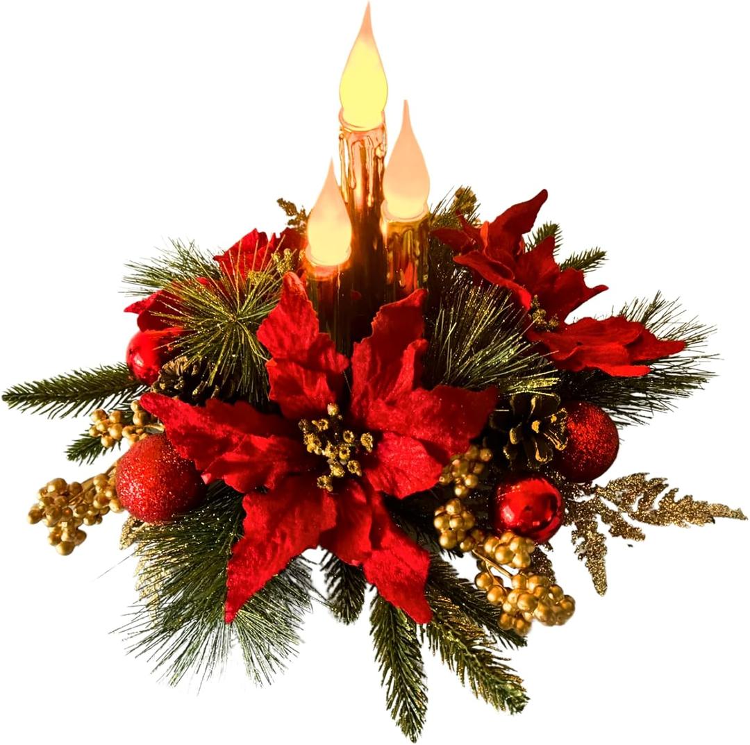 Christmas Decorations,Christmas Floral Arrangement Centerpiece for Table, Golden Flameless Candles Red Poinsettia Flower Golden Pine Cones Berries and Ball Ornaments Holiday Winter Decorations