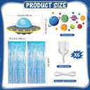 Simgoing Alien Birthday Party Decorations Golden Blue Door Curtain with Foil Fringe Tinsel Spacecraft Flying Saucer Spaceship Hanging Banner Planet Card for Alien Halloween Party