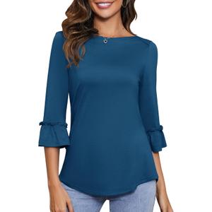 Kistore Womens Tops Dressy Casual 3/4 Length Bell Sleeve Shirts Boat Neck Tunic Blouses (Blue, XXL)