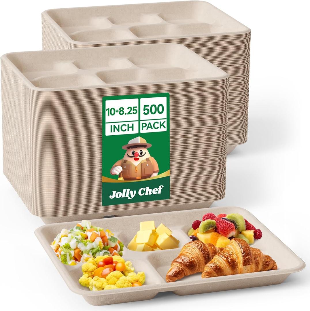 JOLLY CHEF Compostable  Compartment Paper Plates  *   [ ] Heavy Duty Divided Disposable Eco-Friendly Biodegradable Containers Food Trays for Dinner School Buffet(Brown) (10*8.25in-500pack)