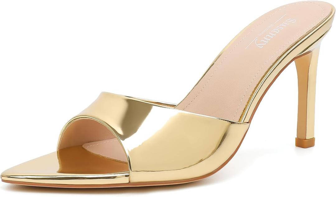 Susanny Gold Mule Heels for Women Pointed Open Toe Sexy Slip on High Heeled Sandals Stiletto Dress Comfortable Backless Mules Shoes Wedding Bridal Parties Vacation Casual Office Work Shoes 8.5