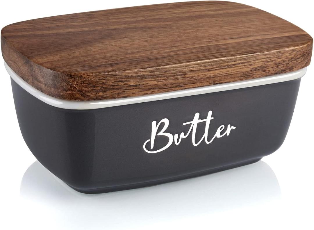 Gray Butter Dish, ALELION Large Ceramic Butter Dish with Lid for Countertop, Butter Container with Acacia Wooden Lid, Modern Country Kitchen Decor and Accessories for Counter, for Kitchen Gifts