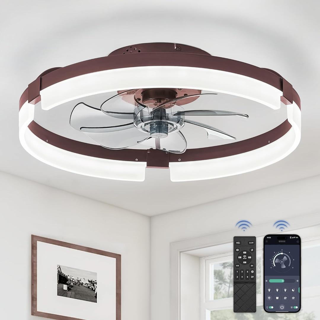 LEDIARY Ceiling Fans with Lights and Remote, 19.7 Inch Low Profile Ceiling Fan, 6 Speeds, Reversible, Dimmable Flush Mount Fan Light,Modern Ceiling Fan with Light for Bedroom, Brown