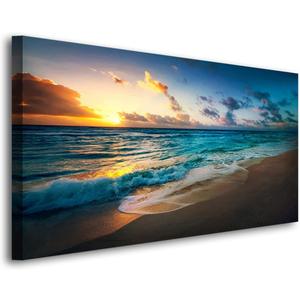 Beach Pictures Wall Art Canvas Prints Seascape Themed Decor for Home Sea Ocean Sunset Paintings for Living Room Bathroom Wall Decorations Natural Landscape Artwork Wooden Picture Frames 28x57 inches (Blue Ocean Wave Golden Sunshine)