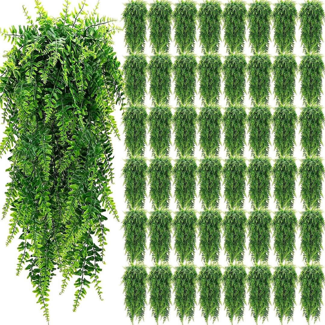 Geosar 48 Pcs Artificial Hanging Plants 32 Inch Hanging Boston Ferns Plastic Fake Plants for Wall Room Garden Wedding Garland Indoor Outdoor Decoration, No Basket