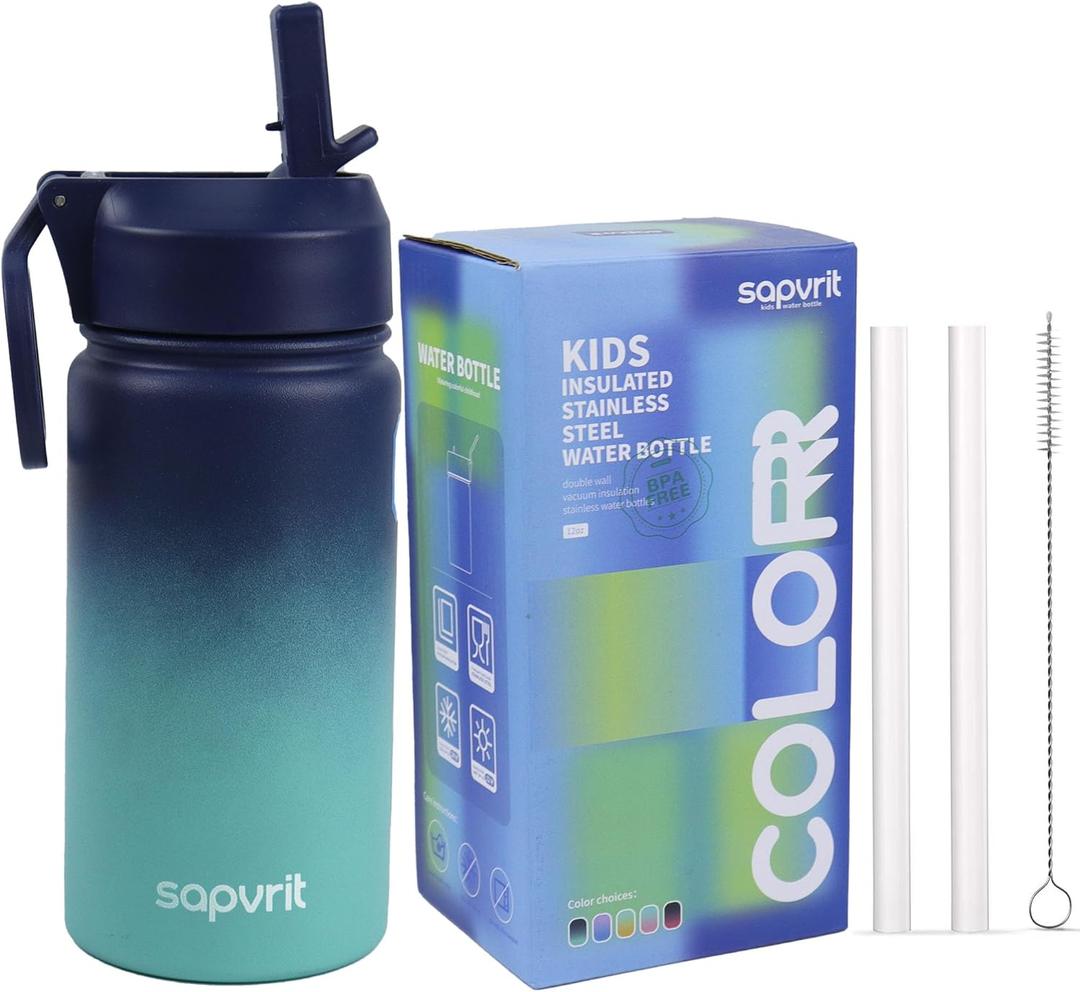 Water Bottle, 12 oz Water Bottles with Straw and Stickers, Stainless Steel Vacuum Double Wall Insulated cup,Water Bottle for School, Gifts for Girls (12OZ BLUE GREEN)