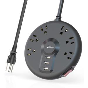 ZSIMC Power Strip, 6 Outlets and 3 USB Ports 6.5FT Long Extension Cord, Circle Socket Overload Surge Protector, 100% Copper Core, Flat Plug Charging Station Compact for Office, Home, Travel (Black)