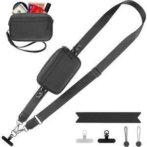 Clip and Go Strap for Phone with Wallet Crossbody, Adjustable Phone Lanyard with Detachable RFID Wristlet Wallet, Universal Phone Strap with 360 Rotatable Phone Tabs for All Phones (Black) (Medium)