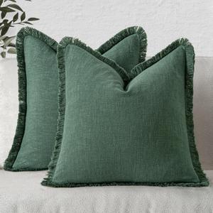 MIULEE Decorative Throw Pillow Covers Neutral Linen Fringe Throw Pillows Set of 2 Greyish Green Boho Farmhouse Cushion Covers with Tassels for Couch Sofa Bed Living Room Spring Home Decor 18x18 Inch
