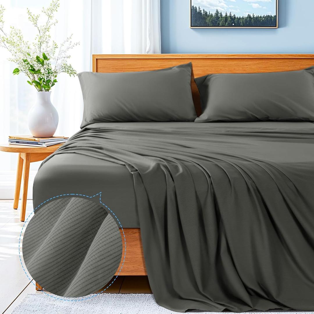 Shilucheng 4 Piece Queen Sheet Sets, Breathable Hole Structures 100% Cotton Sheets, Deep Pocket Up to 16", Cooling & Soft Bed Sheets, Hotel Bedding Set, Dark Grey