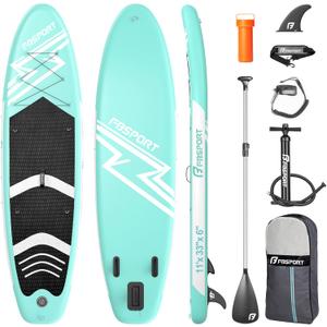 FBSPORT 11' Premium Stand Up Paddle Board, Yoga Board with Durable SUP Accessories & Carry Bag | Wide Stance, Surf Control, Non-Slip Deck, Leash, Paddle and Pump for Youth & Adult (MInt Green)