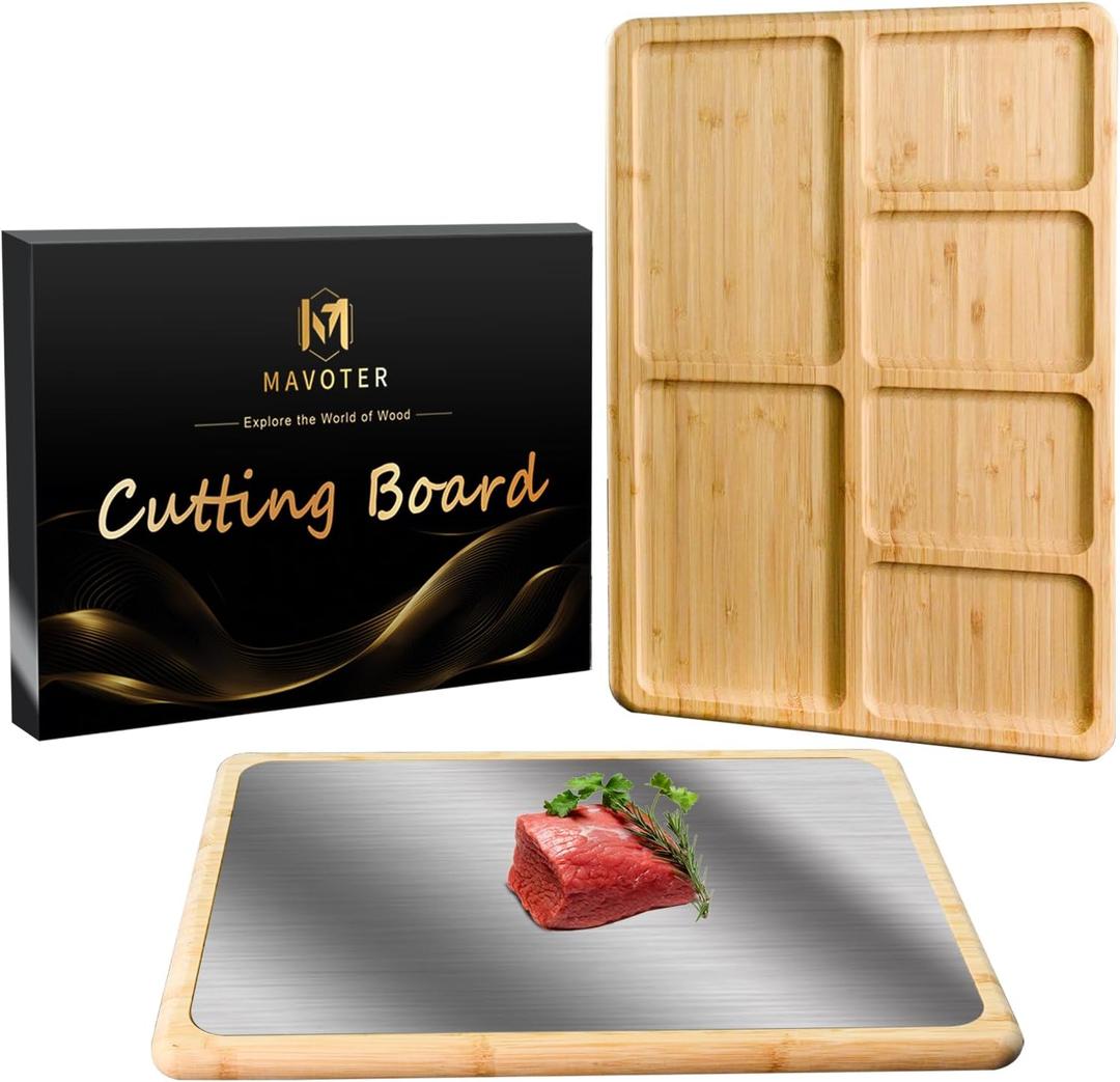 2 in 1 Double Sided Titanium Cutting Board & Bamboo Food Serving Charcuterie Cheese Board with Compartments, Stainless Steel Chopping Board Kitchen Serving Tray for Meat, Veggies,Snacks 17*11.8*0.8"