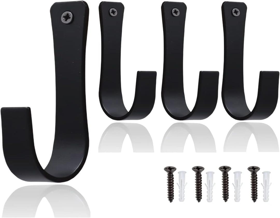 The Metal Magician Set of 4 Coat Hooks Wall Mounted Wrought Iron Hanger Farmhouse Rustic Key Holder Towel, Handbags, Hat Hanging Perfect for Bathroom, Kitchen, Living Room (Black)