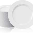 FOCUSLINE 100 Count White Plastic Plates 10 Inch, Disposable Heavy Duty Dinner Plates- Premium Hard Plastic Plates Fancy Disposable White Plates for Weddings, Parties and Events