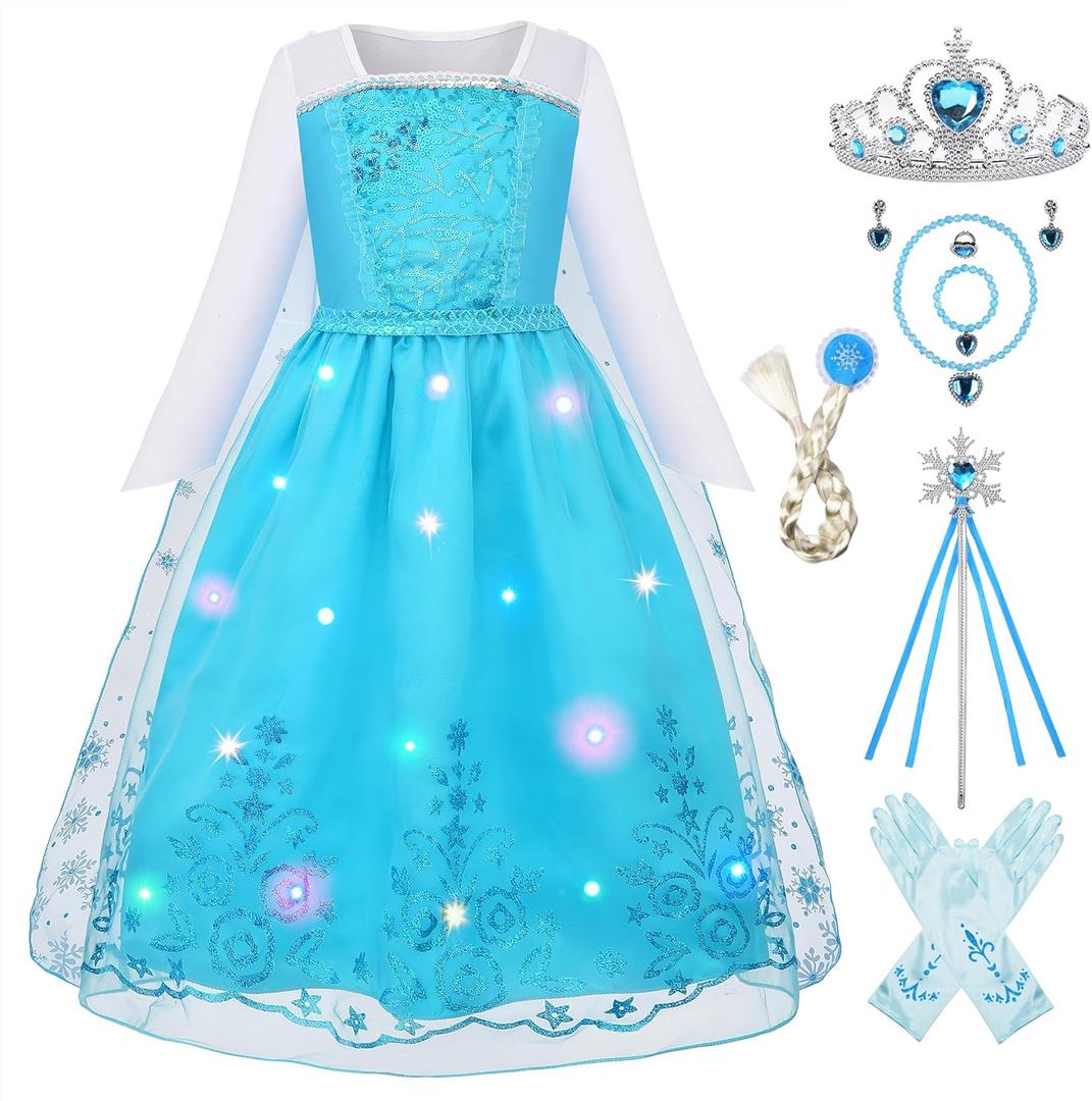 Uplus ME Light Up Princess Dress Girls Elsa Costume Dress Kids Halloween Birthday Christmas Party Dress Up Outfit (7-8Y/150)