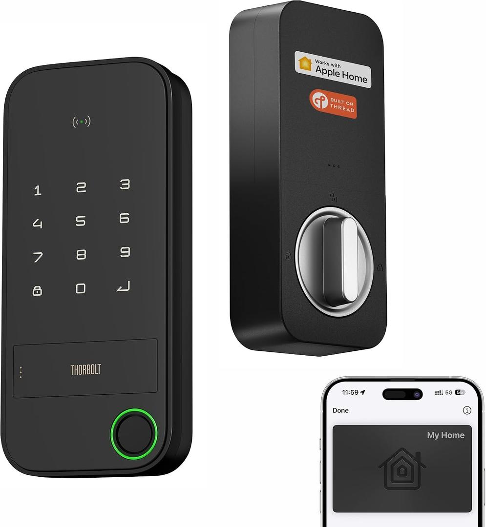 ThorBolt X1 Apple Home Key Lock, iOS ONLY Smart Keyless Entry HomeKit Door Lock with Fingerprint, Keypad Deadbolt Lock Works with HomeKit Over Thread (Border Router Required), IP65 Weatherproof, Black