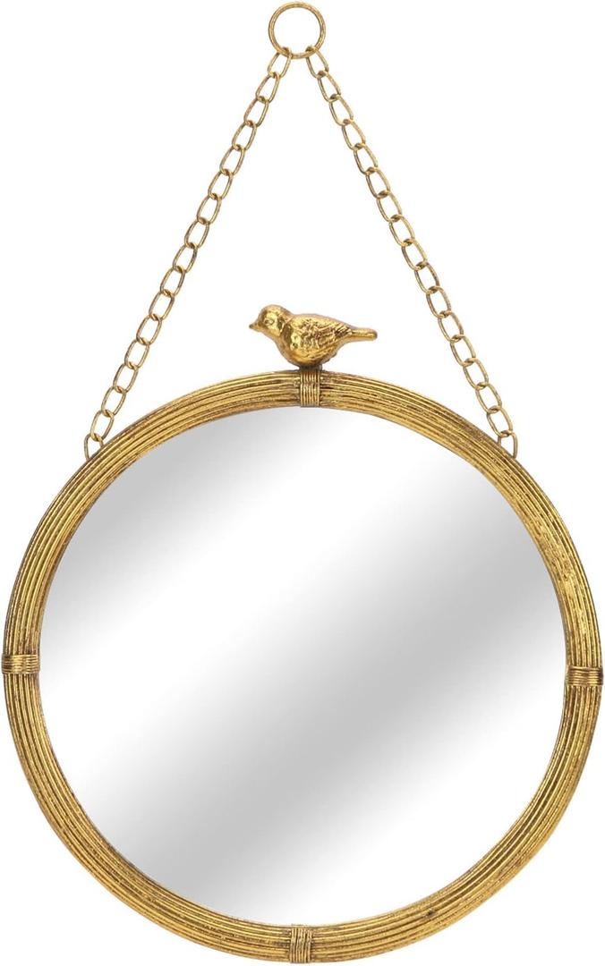 NIKKY HOME Shabby Chic Small Wall Mirrors Decor Decorative Metal Framed Hanging Round Mirror Vintage Rustic with Sparrow for Bathroom Living Room Office, Rustin Gold (12.6"L x 6.7"W)