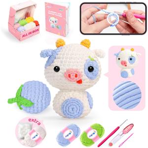 Mewaii Crochet Kit for Beginners Level 2 with 40% Extra Eco-Friendly Pre-Started Easy Yarn, Step-by-Step Video Tutorials for Adults and Kids (Blueberry Cow) (White Blue)