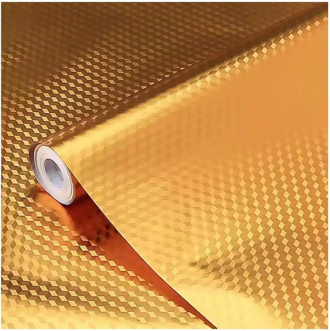 Waterproof & Oil-Resistant Aluminum Foil Peel & Stick Wallpaper - Gold Self-Adhesive Backsplash for Countertops, Cabinets, DIY Projects (15.7"x197", Gold Chequer)