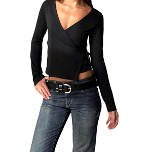 Women Casual V Neck Tie Up Shirt Long Sleeves Cross Blouse Tops Fall Solid Cropped Tee Tops Concise Streetwear, M