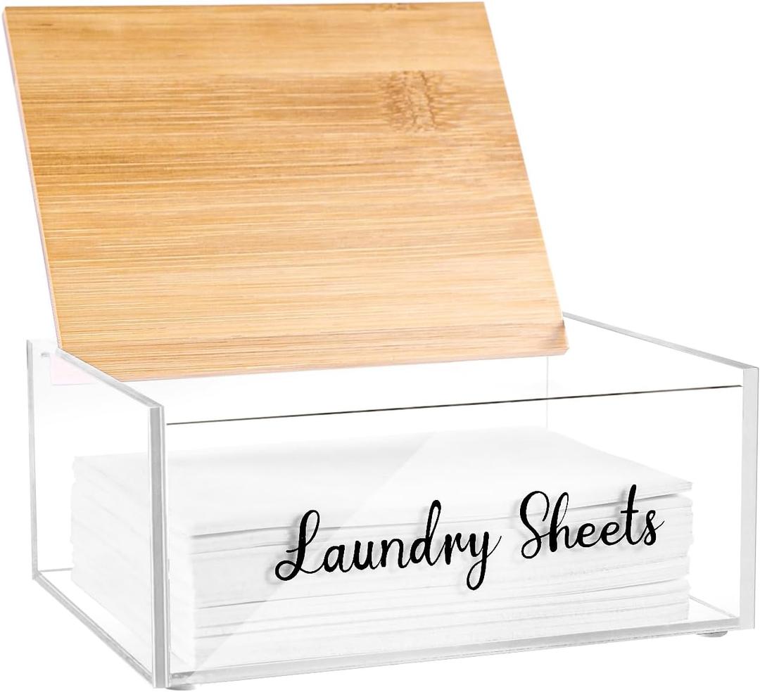 Acrylic Laundry Detergent Sheets Holder with Bamboo Lid, Laundry Soap Sheets Container Box Dispenser for Laundry Room