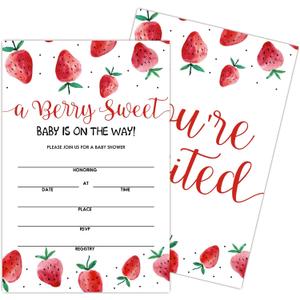 7 x Baby Shower Invitations for Girl, Strawberry Baby Shower, 25 Strawberry Theme Party Invitations with Envelopes, Gender Reveal, Cute Berry Sweet Party Decorations Supplies 4x6 inch (Red)