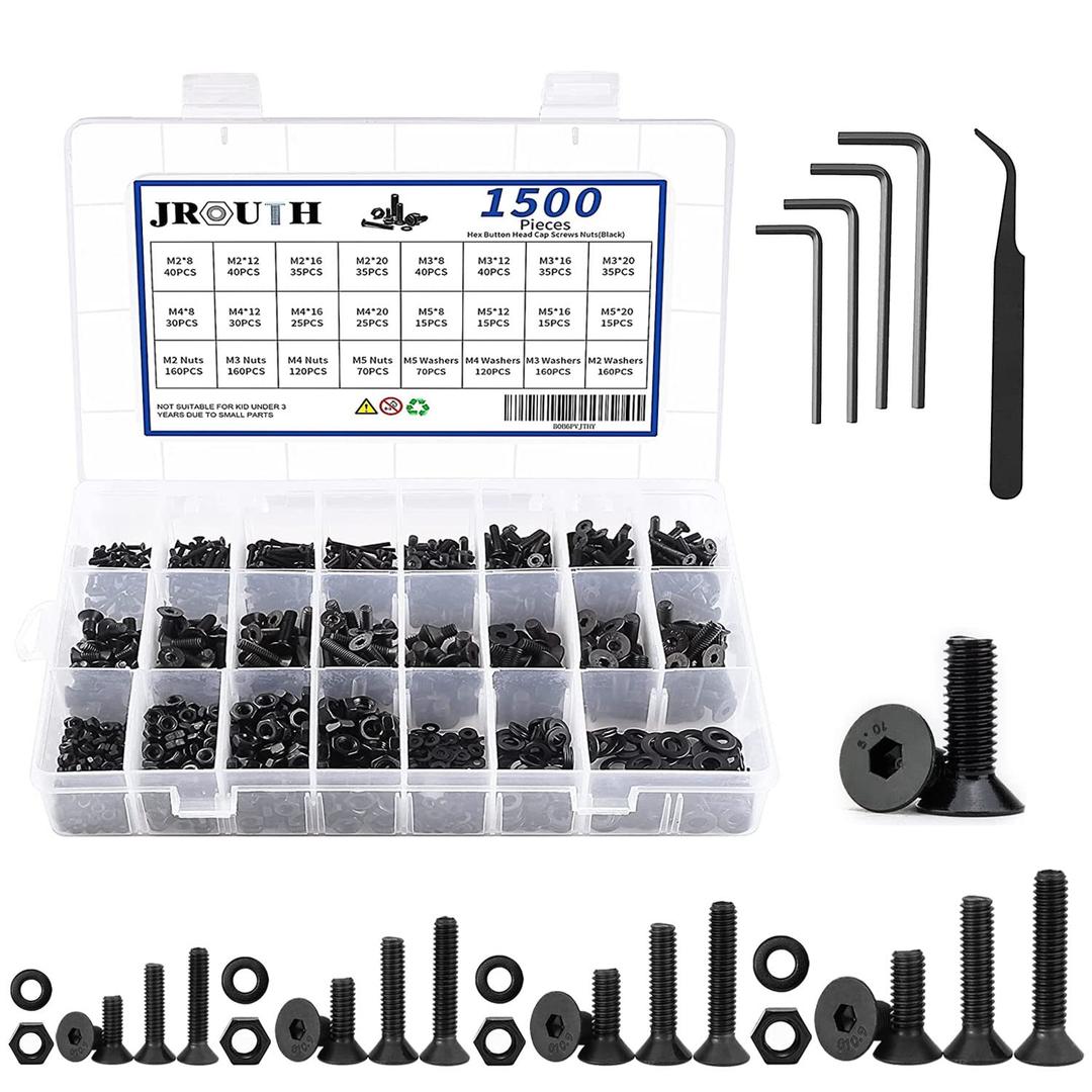 1500pcs Screws Assortment , M2 M3 M4 M5 10.9 Grade Alloy Steel Hex Flat Head Cap Bolts Nuts Washers Assortment Kit with Hex Wrenches, A Black Hex Flat Head Cap Bolts, (M2-M5-1500)