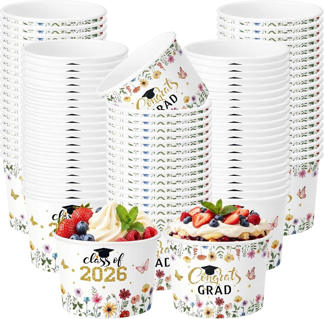 Nuanchu 100 Pack 9 oz Wildflower Graduation Ice Cream Cups 2026 Congrats Grad Disposable Paper Cups for Dessert Treat Bowls for Snacks Soup Hot Cold Food Congrats Grad Class of 2026 Decorations